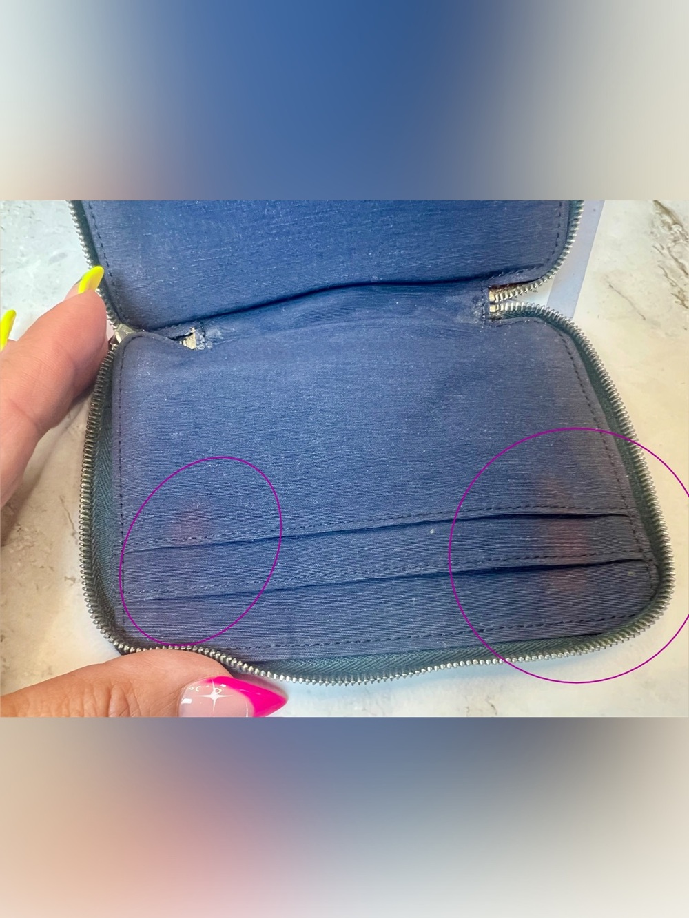 Hermès Fourre Tout canvas wallets in navy blue with brown stripes. GUC with COA - Picture 6 of 10